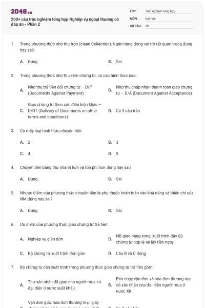 200+ câu trắc nghiệm tổng hợp Nghiệp vụ ngoại thương có đáp án - Phần 2
