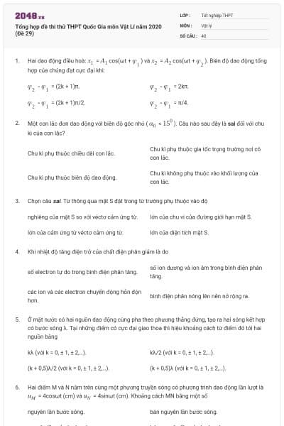 Tổng hợp đề thi thử THPT Quốc Gia môn Vật Lí năm 2020 (Đề 29)