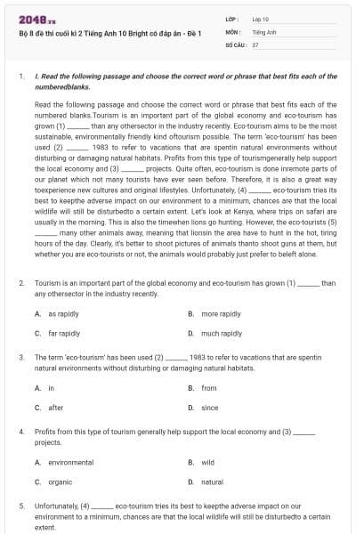 Bộ 8 đề thi cuối kì 2 Tiếng Anh 10 Bright có đáp án - Đề 1