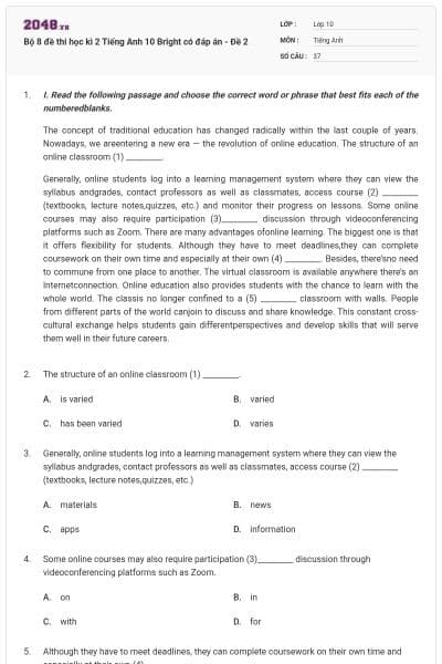 Bộ 8 đề thi học kì 2 Tiếng Anh 10 Bright có đáp án - Đề 2