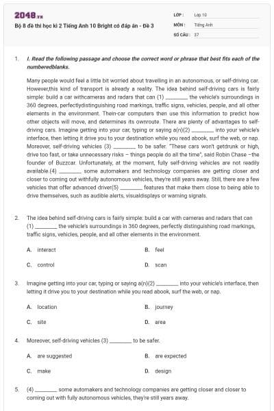 Bộ 8 đề thi học kì 2 Tiếng Anh 10 Bright có đáp án - Đề 3