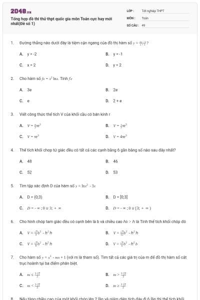 Tổng hợp đề thi thử thpt quốc gia môn Toán cực hay mới nhất(Đề số 1)