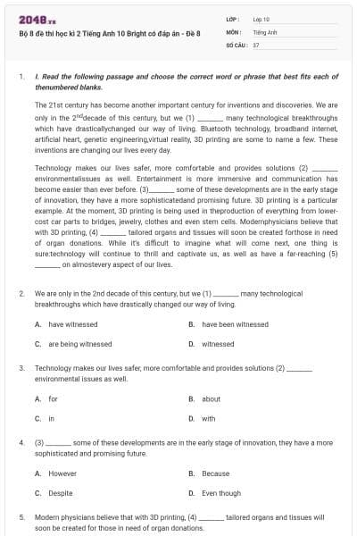 Bộ 8 đề thi học kì 2 Tiếng Anh 10 Bright có đáp án - Đề 8