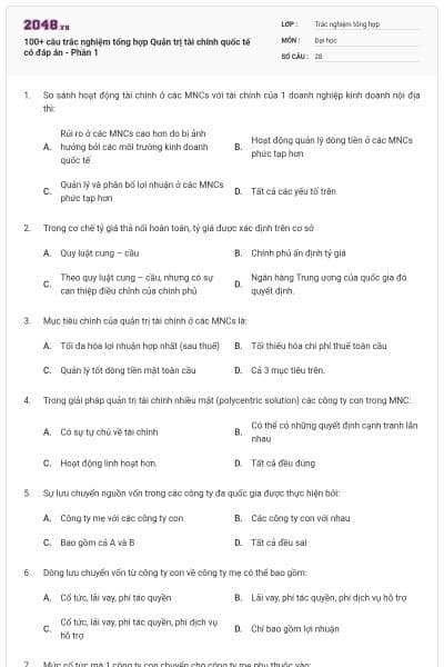 100+ câu trắc nghiệm tổng hợp Quản trị tài chính quốc tế có đáp án - Phần 1