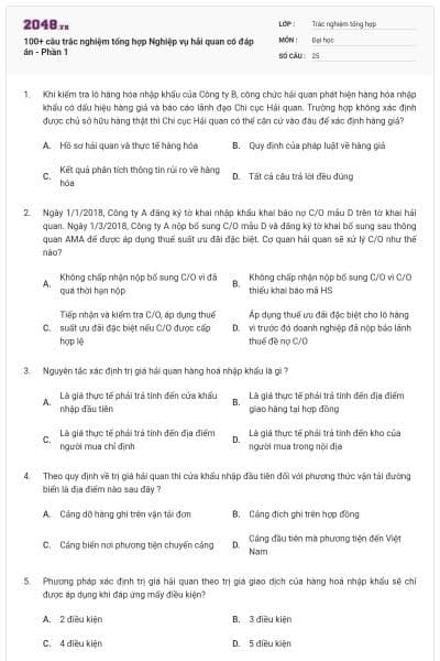 100+ câu trắc nghiệm tổng hợp Nghiệp vụ hải quan có đáp án - Phần 1