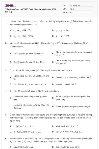 Tổng hợp đề thi thử THPT Quốc Gia môn Vật Lí năm 2020 (Đề 29)
