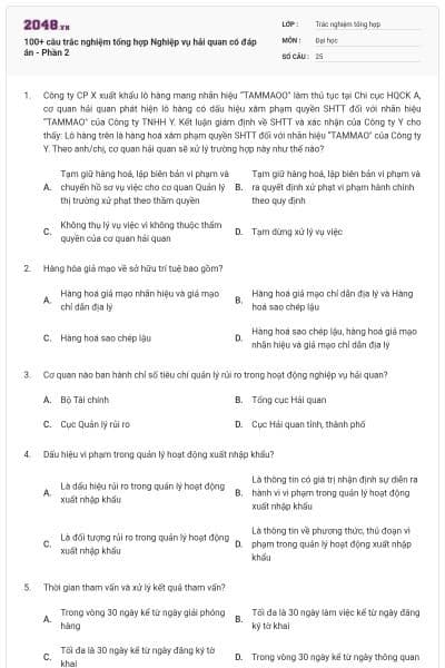 100+ câu trắc nghiệm tổng hợp Nghiệp vụ hải quan có đáp án - Phần 2