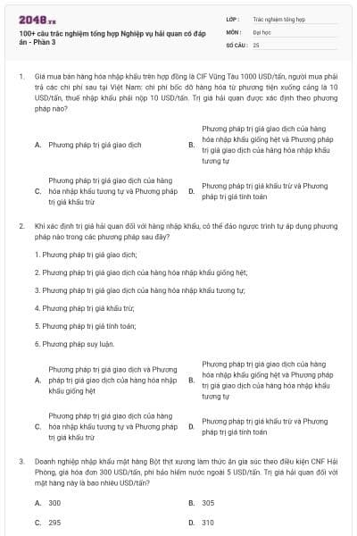 100+ câu trắc nghiệm tổng hợp Nghiệp vụ hải quan có đáp án - Phần 3