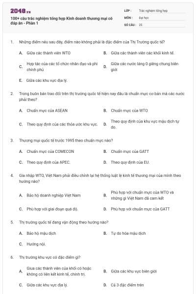 100+ câu trắc nghiệm tổng hợp Kinh doanh thương mại có đáp án - Phần 1