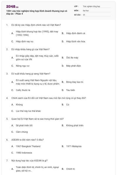 100+ câu trắc nghiệm tổng hợp Kinh doanh thương mại có đáp án - Phần 4