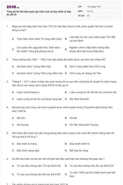Tổng đề thi thử thpt quốc gia môn Lịch sử hay nhất có đáp án (đề 8)