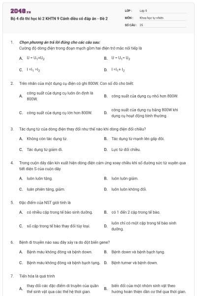 Bộ 4 đề thi học kì 2 KHTN 9 Cánh diều có đáp án - Đề 2