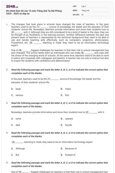 Đề chính thức thi vào 10 môn Tiếng Anh Tp Hải Phòng 2024 - 2025 có đáp án
