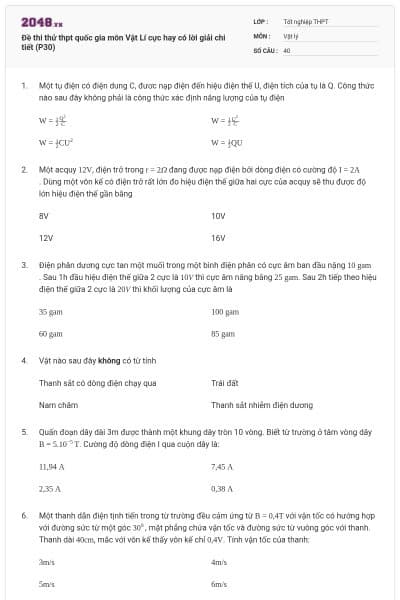 Đề thi thử thpt quốc gia môn Vật Lí cực hay có lời giải chi tiết (P30)