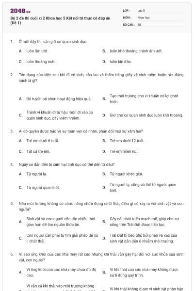 Bộ 2 đề thi cuối kì 2 Khoa học 5 Kết nối tri thức có đáp án (Đề 1)
