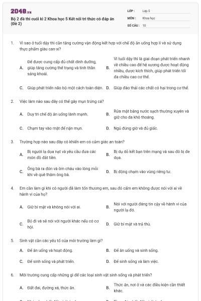 Bộ 2 đề thi cuối kì 2 Khoa học 5 Kết nối tri thức có đáp án (Đề 2)