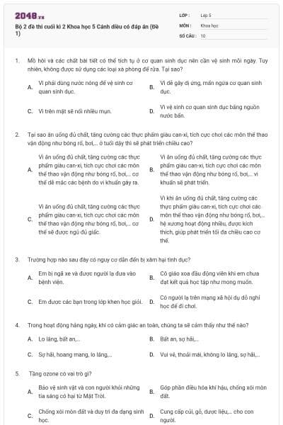 Bộ 2 đề thi cuối kì 2 Khoa học 5 Cánh diều có đáp án (Đề 1)