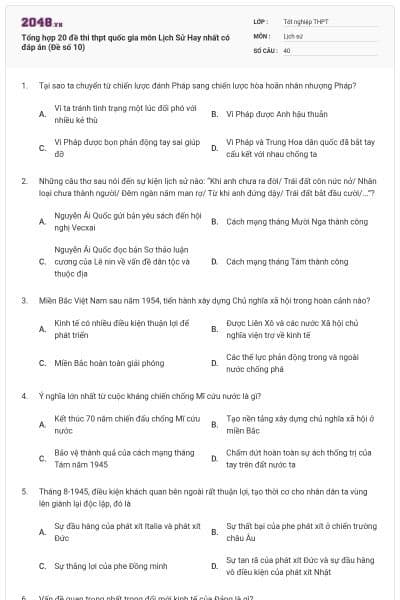 Tổng hợp 20 đề thi thpt quốc gia môn Lịch Sử Hay nhất có đáp án (Đề số 10)