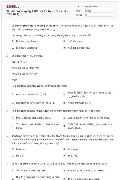 Đề minh họa tốt nghiệp THPT môn Tin học có đáp án năm 2025 (Đề 1)