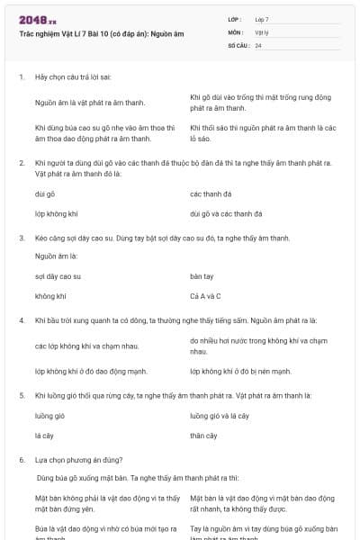 Trắc nghiệm Vật Lí 7 Bài 10 (có đáp án): Nguồn âm