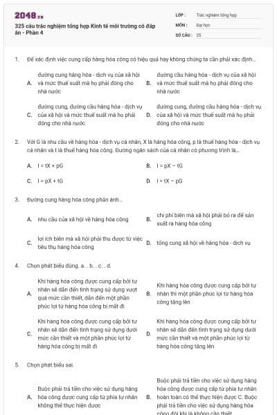 325 câu trắc nghiệm tổng hợp Kinh tế môi trường có đáp án - Phần 4