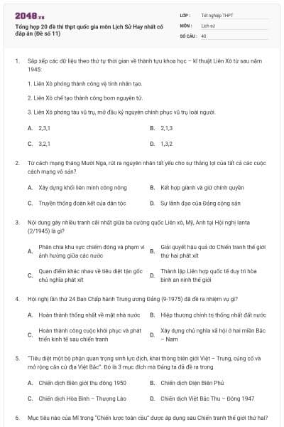 Tổng hợp 20 đề thi thpt quốc gia môn Lịch Sử Hay nhất có đáp án (Đề số 11)