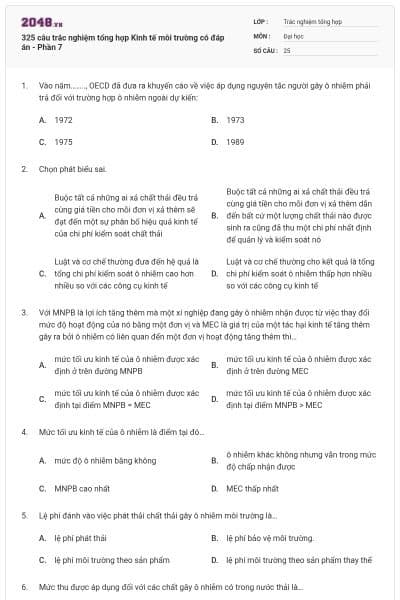 325 câu trắc nghiệm tổng hợp Kinh tế môi trường có đáp án - Phần 7