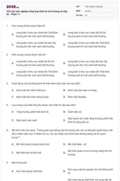 325 câu trắc nghiệm tổng hợp Kinh tế môi trường có đáp án - Phần 11