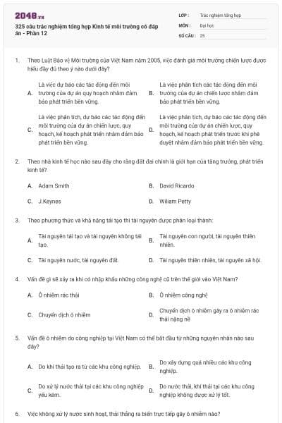 325 câu trắc nghiệm tổng hợp Kinh tế môi trường có đáp án - Phần 12