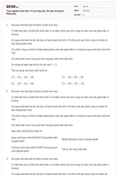 Trắc nghiệm Sinh Học 10 (có đáp án): Ôn tập chương 4: Phân bào