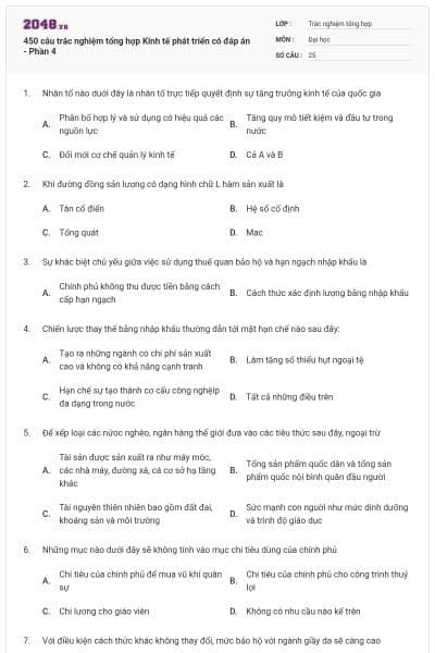450 câu trắc nghiệm tổng hợp Kinh tế phát triển có đáp án - Phần 4