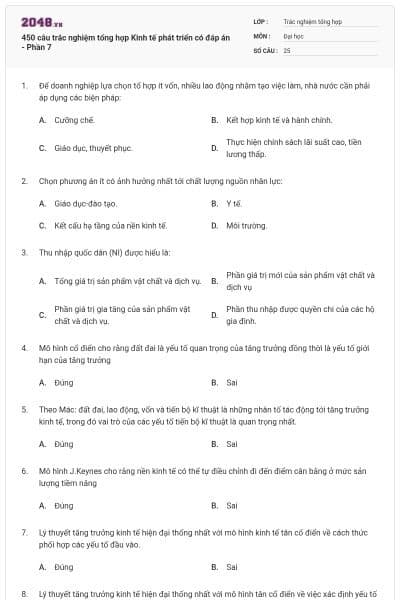 450 câu trắc nghiệm tổng hợp Kinh tế phát triển có đáp án - Phần 7