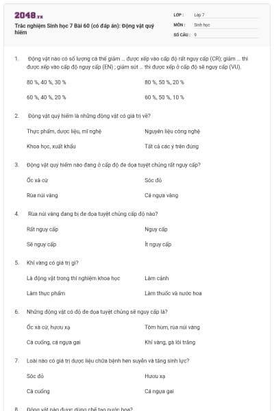 Trắc nghiệm Sinh học 7 Bài 60 (có đáp án): Động vật quý hiếm