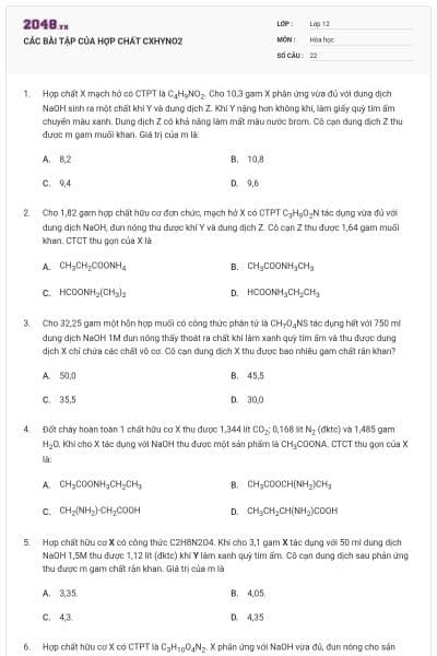 CÁC BÀI TẬP CỦA HỢP CHẤT CXHYNO2