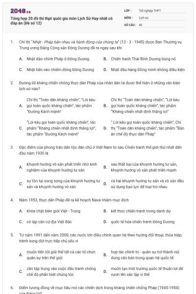 Tổng hợp 20 đề thi thpt quốc gia môn Lịch Sử Hay nhất có đáp án (Đề số 12)