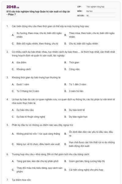 810 câu trắc nghiệm tổng hợp Quản trị sản xuất có đáp án - Phần 7