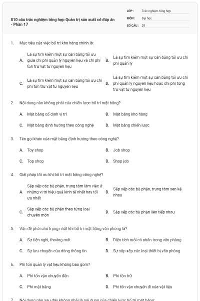 810 câu trắc nghiệm tổng hợp Quản trị sản xuất có đáp án - Phần 17