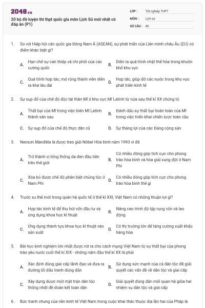 20 bộ đề luyện thi thpt quốc gia môn Lịch Sử mới nhất có đáp án (P1)