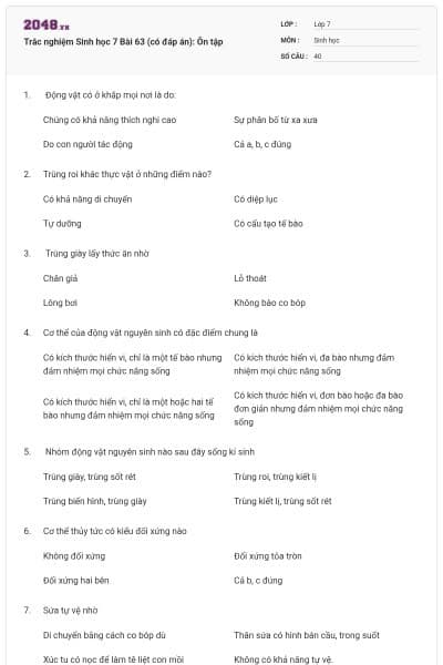 Trắc nghiệm Sinh học 7 Bài 63 (có đáp án): Ôn tập