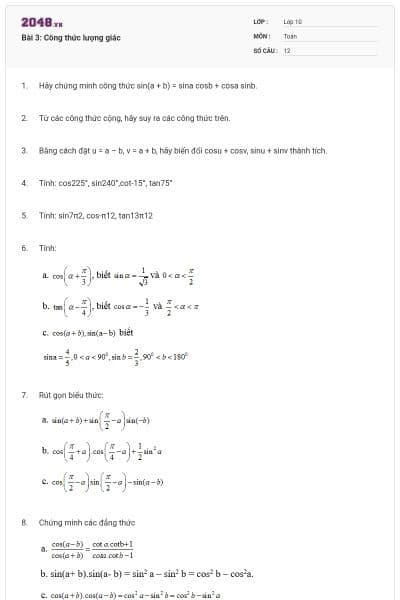 Bài 3: Công thức lượng giác