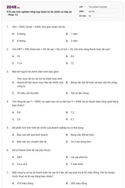 510 câu trắc nghiệm tổng hợp Quản trị tài chính có đáp án - Phần 13