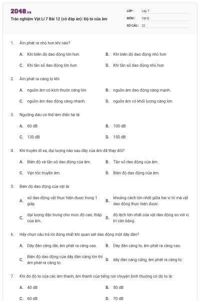 Trắc nghiệm Vật Lí 7 Bài 12 (có đáp án): Độ to của âm