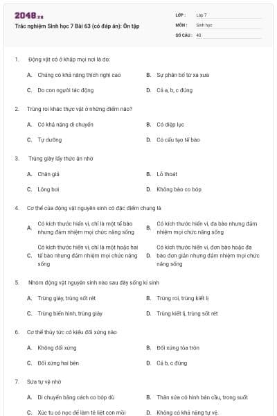 Trắc nghiệm Sinh học 7 Bài 63 (có đáp án): Ôn tập