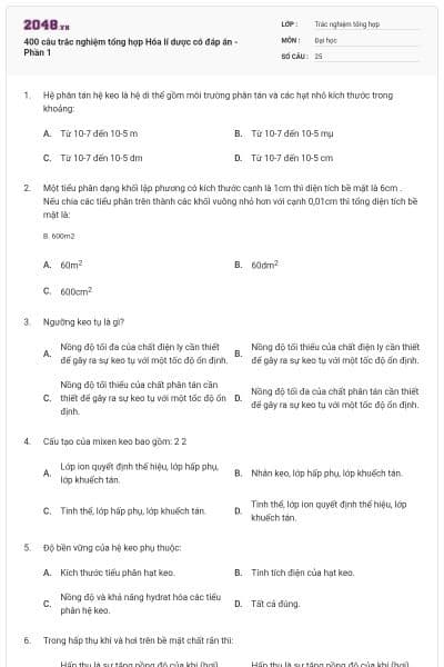 400 câu trắc nghiệm tổng hợp Hóa lí dược có đáp án - Phần 1