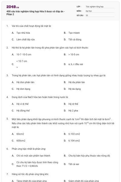 400 câu trắc nghiệm tổng hợp Hóa lí dược có đáp án - Phần 2