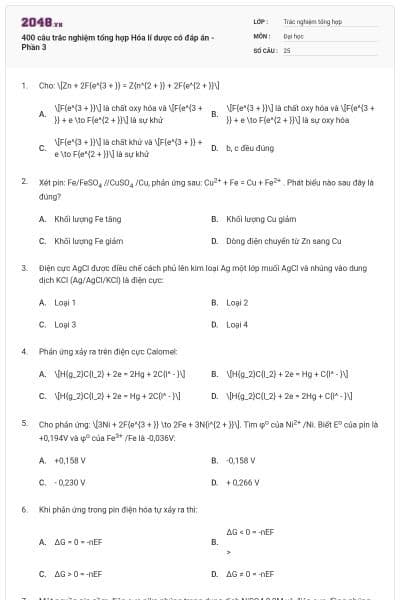 400 câu trắc nghiệm tổng hợp Hóa lí dược có đáp án - Phần 3