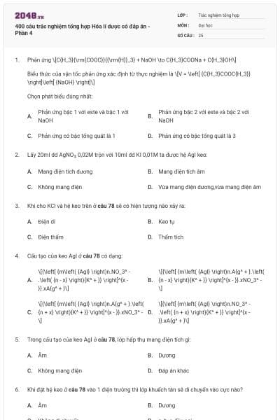 400 câu trắc nghiệm tổng hợp Hóa lí dược có đáp án - Phần 4