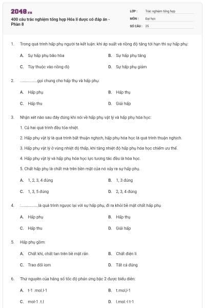 400 câu trắc nghiệm tổng hợp Hóa lí dược có đáp án - Phần 8