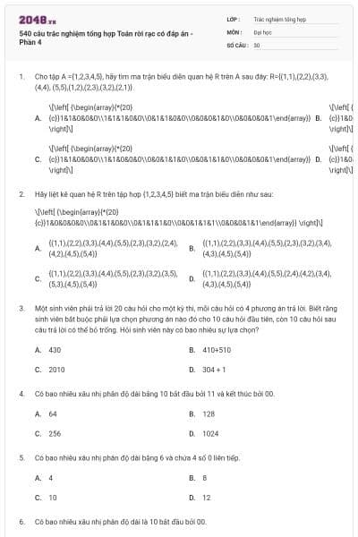 540 câu trắc nghiệm tổng hợp Toán rời rạc có đáp án - Phần 4