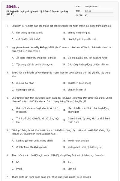 Đề luyện thi thpt quốc gia môn Lịch Sử có đáp án cực hay (Đề 11)